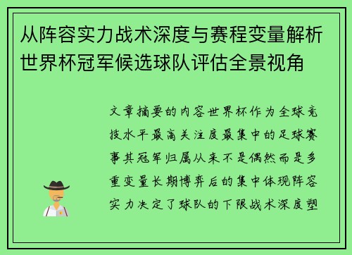 从阵容实力战术深度与赛程变量解析世界杯冠军候选球队评估全景视角